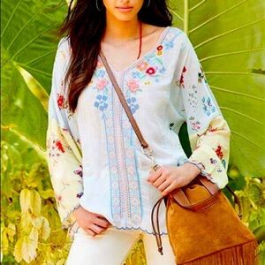 Johnny Was NWT Vervaine Blue Floral Embroidered Blouse Lightweight Sheer Boho
